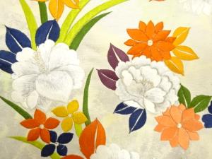 アンティーク　草花模様　刺繍　名古屋帯